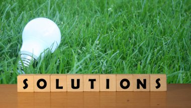 Küp bloklardaki ahşap bir masanın üzerinde yeşil bir doğa grubuyla SOLUTION mesajı.
