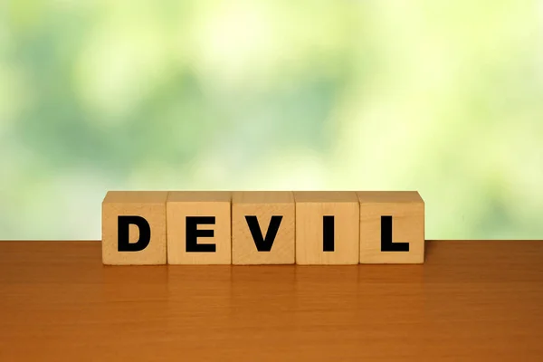 Devil Mensagem Palavra Uma Mesa Madeira Blocos Cubo Com Backgroun — Fotografia de Stock