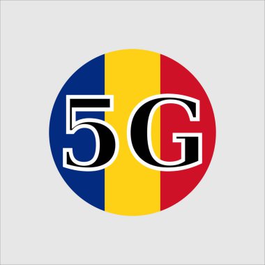 Romanya 'da 5G teknolojisi. Romanya bayrağıyla daire düğmesi simgesi. Vektör illüstrasyonu.