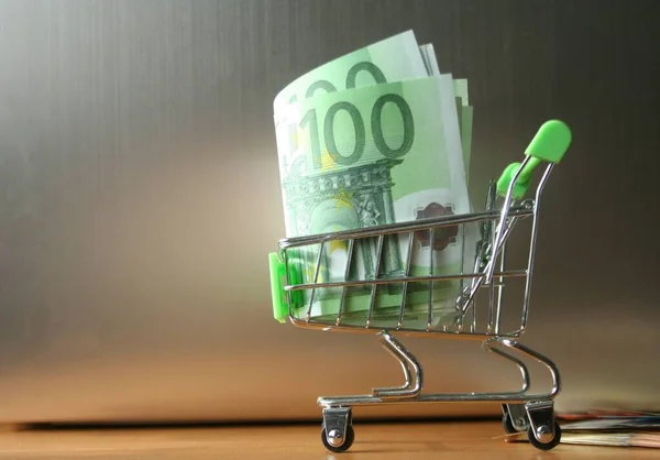 Banknot 100 Euro Mini Wózku Sklepowym Koncepcja Koszyka Lub Bogaty — Zdjęcie stockowe