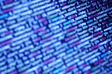 Açık mavi soyut bilgisayar kodu. HTML ve PHP komutu. Cadı web teknolojisi kodlamasını göster.