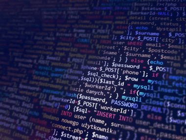 İş teklifi için mavi bokeh bilgisayar kodu arka planı. Kodlama ve kod öğrenme kavramı.