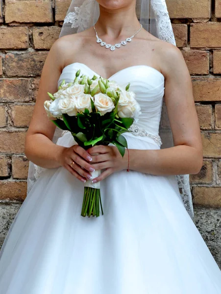 Bride Holds Bouquet Her Hands — Stock Photo, Image