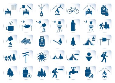 Seyahat ve kamp ekipmanları simgeler kümesi