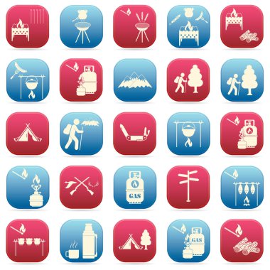 Seyahat ve kamp ekipmanları simgeler kümesi