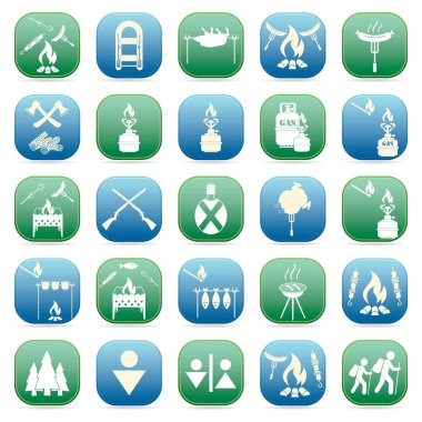 Seyahat ve kamp ekipmanları simgeler kümesi