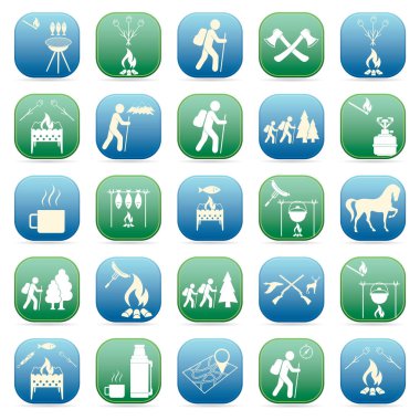 Seyahat ve kamp ekipmanları simgeler kümesi