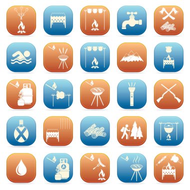 Seyahat ve kamp ekipmanları simgeler kümesi