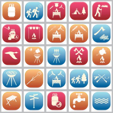 Seyahat ve kamp ekipmanları simgeler kümesi