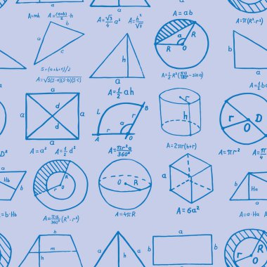 Volumetrik geometrik şekiller ve karalama stilinde betimlenmiş formüller. Vektör illüstrasyonu