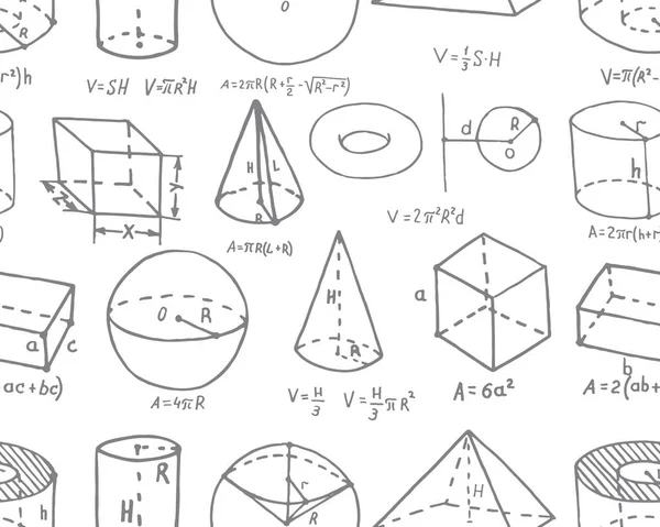 Formas Geométricas Volumétricas Con Fórmulas Representadas Estilo Garabato Ilustración Vectorial Vectores de stock libres de derechos