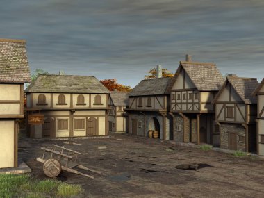 bir ortaçağ köyü 3D çizimi