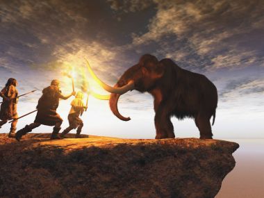 Prehistoric men hunting a young mammoth clipart