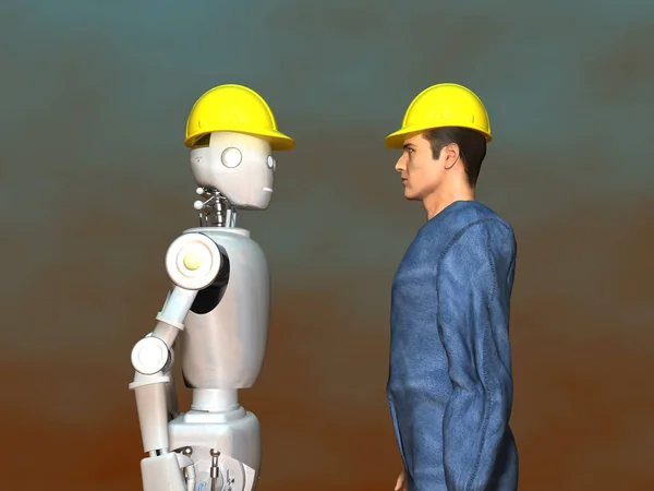 工人和机器人的插图 — 图库照片