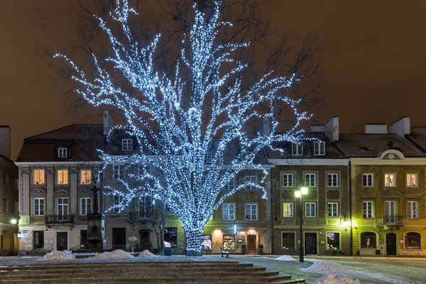 Christmas decorations on the old city in Warsaw. New Town Square — Stock Photo, Image