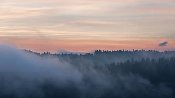 Mist at dawn in the mountains Bieszczady — Stock Photo, Image
