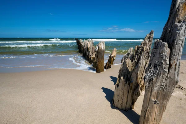 Antiguo rompeolas de madera sobre el Mar Báltico en un día soleado — Foto de Stock