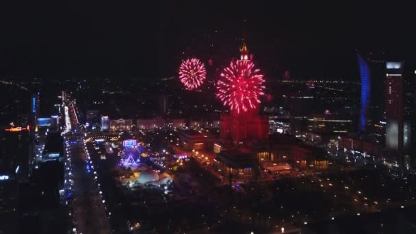 Fuochi Artificio Notturni Sopra Centro Varsavia — Video Stock