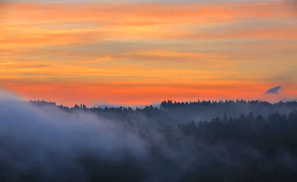 Ciel coloré et brouillard à l'aube dans les montagnes Bieszczady — Photo