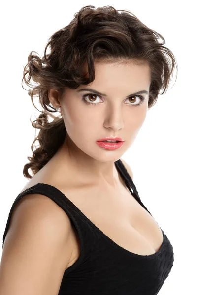 Portret van een mooie brunette op een witte achtergrond — Stockfoto