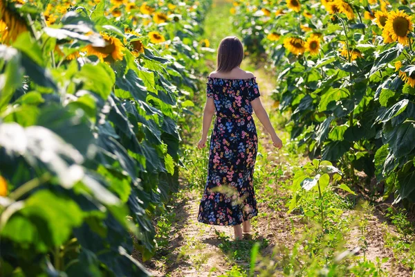 Kobieta w sukience do tyłu na polu słoneczników — Zdjęcie stockowe