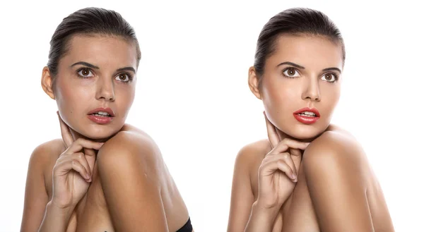 Retouch, portrait of a woman before and after retouching — Stock Photo, Image