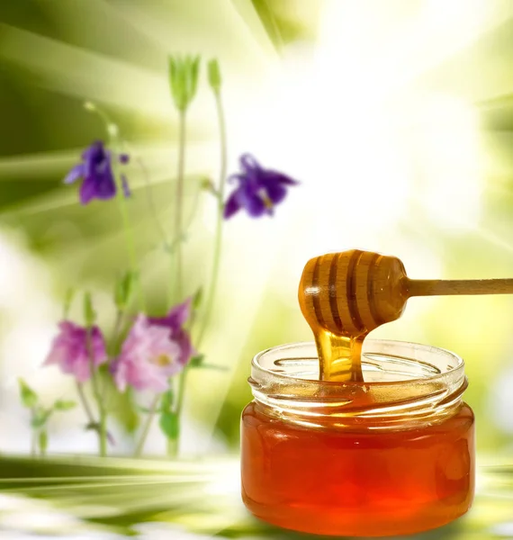 Immagine di miele fatto in casa sulla tavola su sfondo verde nbackground primo piano — Foto Stock