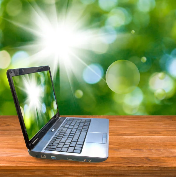 Laptop on a wooden board.