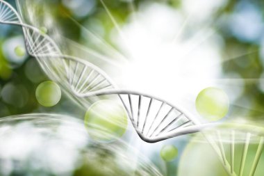 Moleküler yapısı ve dna zinciri üzerinde yeşil arka plan yakın çekim görüntüsü