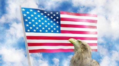 Amerika bayrağı mavi bir arka plan görüntüsü. 3D çizim