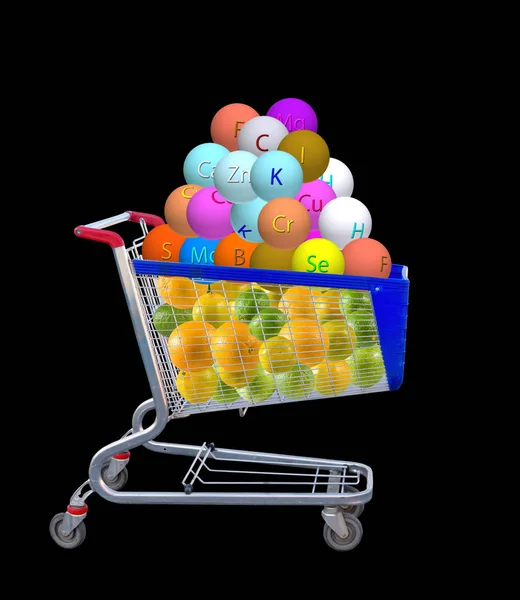 Bilden av livsmedelsbutiker kärror och stiliserade bollar med vitaminer — Stockfoto
