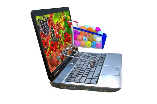 Muchas bayas en una pantalla portátil, vitaminas estilizadas en el carrito de alimentos —  Fotos de Stock