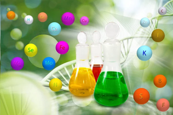 Bild von Laborgläsern und Kugeln mit Mineralien auf dem dna-Strang Hintergrund — Stockfoto