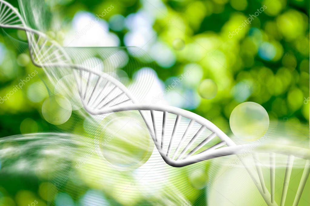 Image of molecular structure and chain of dna on a green background close-up