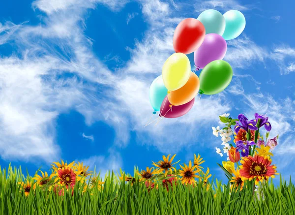 美丽的鲜花和五颜六色的气球在天空背景上的形象. — 图库照片
