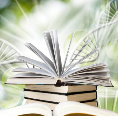 kitap Dna genetik zinciri arka plan üzerine açık