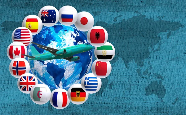 Many flags around the globe and a plane — Stock Photo, Image