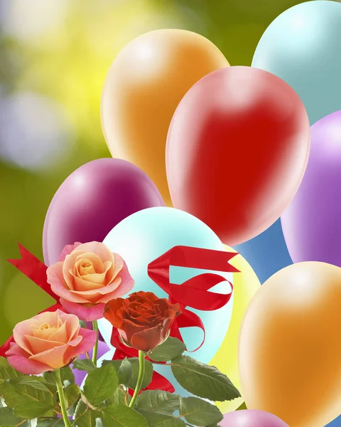 Image of beautiful flowers and colorful balloons on sky background. — Stock Photo, Image