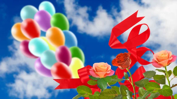 Image of beautiful flowers and colorful balloons on sky background. — Stock Photo, Image