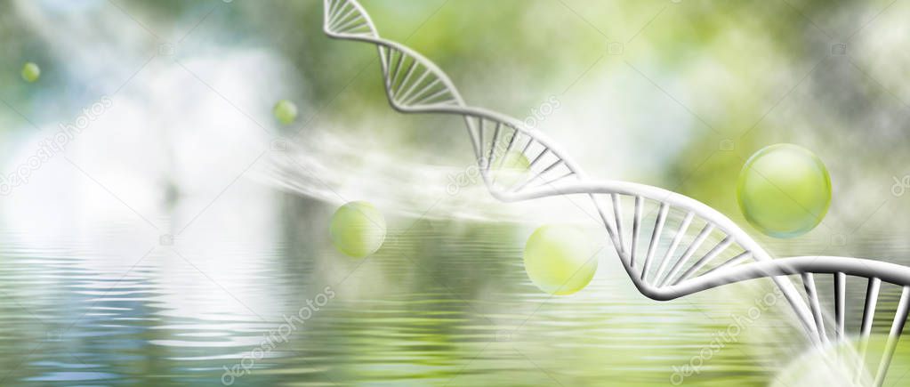 molecular structure and chain of dna on a green background closeup