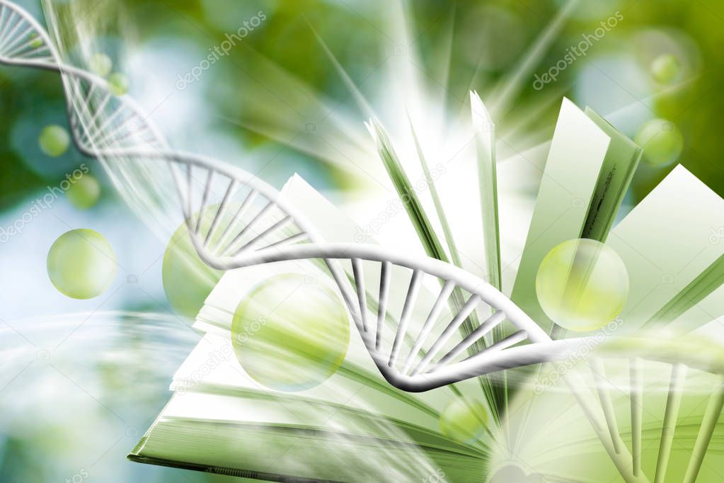 image of book on DNA chain background.