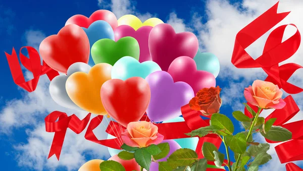 Imagen de hermosas flores y globos de colores en el fondo del cielo . — Foto de Stock