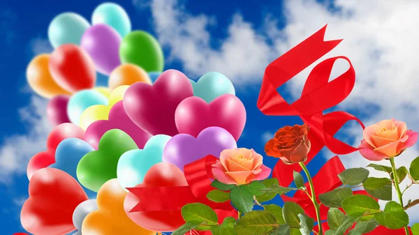 Image of beautiful flowers and colorful balloons on sky background. — Stock Photo, Image