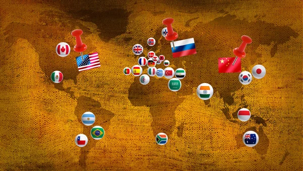 Διάφορες σημαίες σε ένα στυλιζαρισμένο παγκόσμιο χάρτη — Φωτογραφία Αρχείου