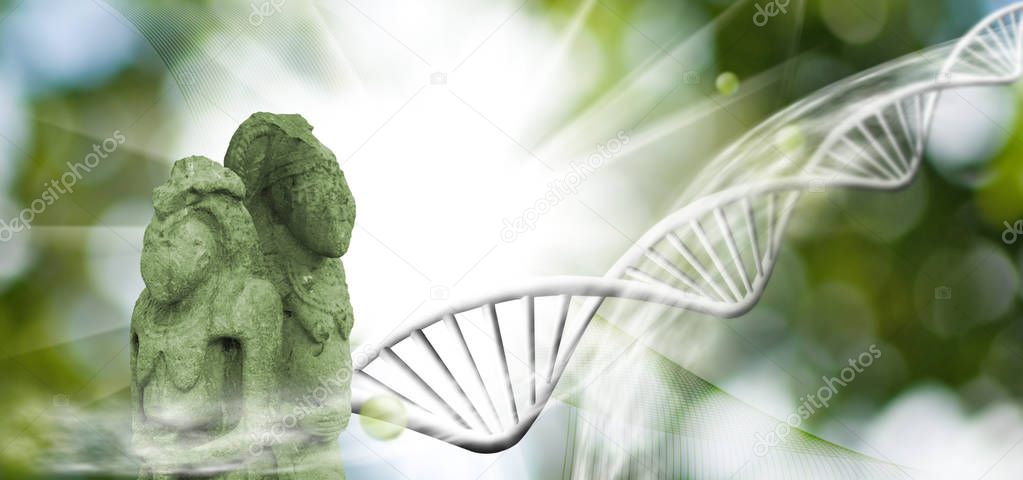 Image of molecular structure, chain of dna and ancient statues on a green background