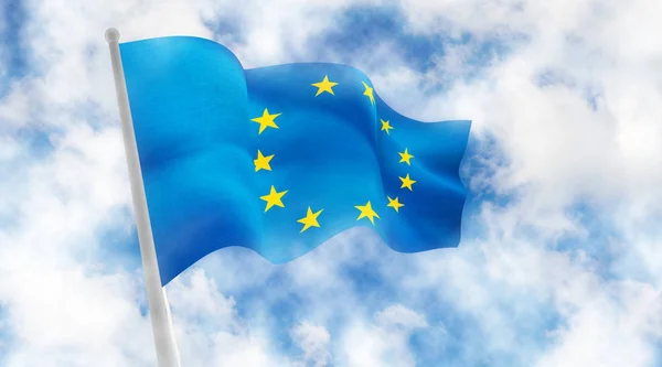 Flaga Unii Europejskiej przeciwko niebo tło zbliżenie — Zdjęcie stockowe