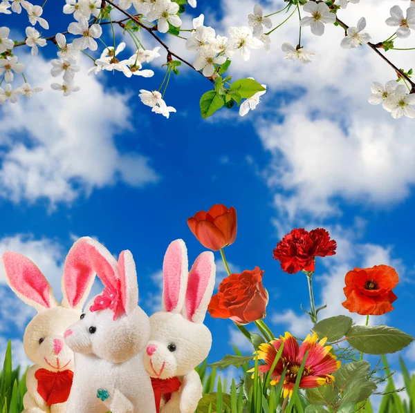 Imagem de flores e lebres de brinquedo close-up — Fotografia de Stock