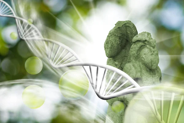 Изображение молекулярной структуры, цепочки ДНК и древних статуй на зеленом фоне — стоковое фото