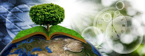 Imagem estilizada de livro e árvore no planeta de perto — Fotografia de Stock