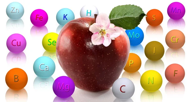 Ripe apple and stylized image of vitamins close-up — Stock Photo, Image